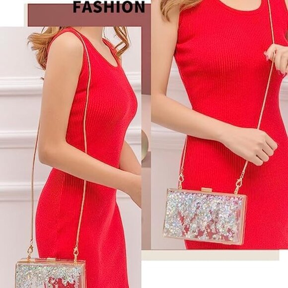 Womens Transparent Sequins Chain Clutch Evening Handbag Party Cross-body Purse S - Picture 5 of 7